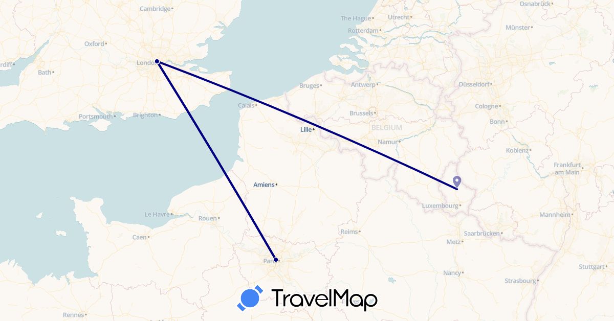 TravelMap itinerary: driving in France, United Kingdom, Luxembourg (Europe)